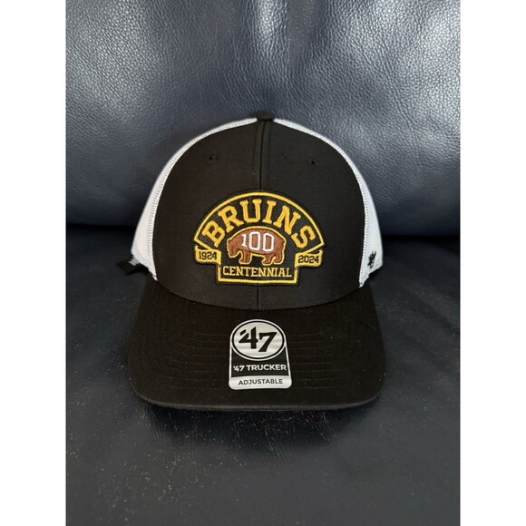 Boston Bruins ‘47 Brand Trophy Up Black Centennial 100th Stretch Fit NHL Cap Hat - Picture 1 of 2